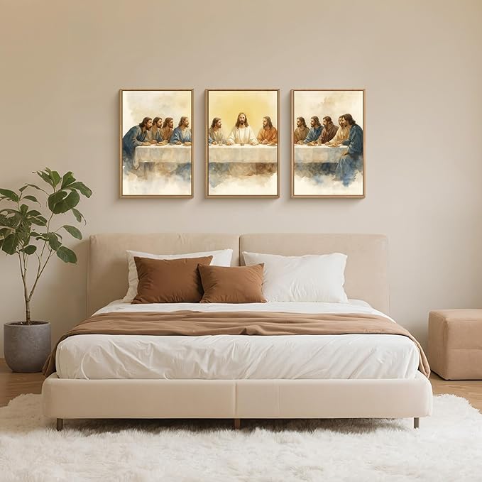 FWIEXA Jesus Last Supper Canvas Wall Art Set 3, Framed Easter Christian Decor Painting, Religious Boho Prints , Bible Watercolor Artwork, 24x36In Verse Scripture Pictures for Living Room,Bedroom,Prayer Room