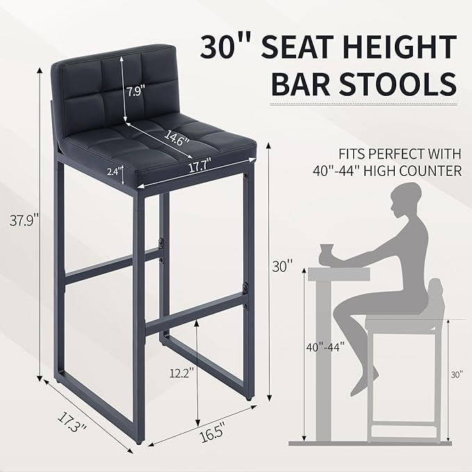 FIRAVOE Bar Stools Set of 3, PU Leather Bar Height Barstools, 30" High Top Bar Stools with Back and Thickened Metal Legs, Upholstered Island Chairs for Kitchen Island (Black, 3Pcs 30" Bar Stools)
