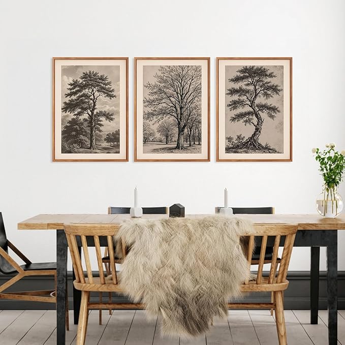HPINUB Vintage Sketch Tree Framed Canvas Wall Art Set,Modern Nature Botanical Wall Decor, Antique Wilderness Tree Artwork,Minimalist Neutral Art Prints for Living Room,Bedroom(Set of 3,12X16 Inch)