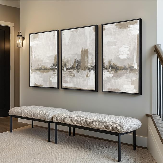 Large Framed Neutral Abstract Wall Art for Living Room, 3 Piece Modern Beige Brown Canvas Artworks, Minimalist Painting Prints for Entryway Hallway Home Office Wall Decor, 24x36 In