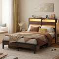 Bestier Queen Size Bed Frame with Headboard and Charging Station,Platform Metal Bed Frame with LED Light,Non-Slip Bed Frame, Noise-Free, Easy Assembly,Walnut