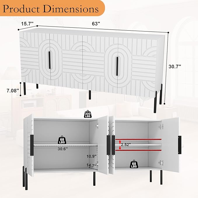 Fluted Sideboard Buffet Cabinet: 63" Modern White Sideboard Cabinet with Storage, Dining Room Credenza with 4 Doors, Living Room Console Table with Cabinets (White)