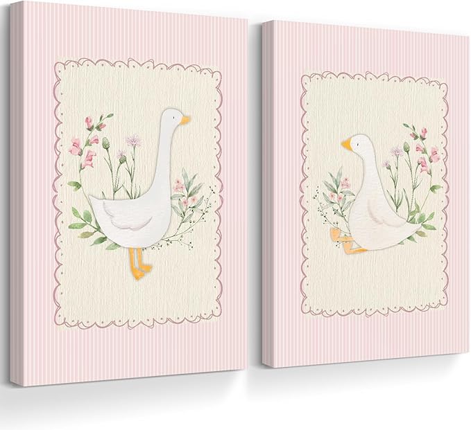 Vintage Nursery Wall Art Silly Goose Canvas Poster Pink Coquette Wall Decor Girls Room Pictures Baby Kids Poster Cute Animal Prints Floral Painting Artwork for Gallery Bedroom 16x24 Inch Ready to Hang