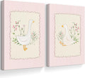 Vintage Nursery Wall Art Silly Goose Canvas Poster Pink Coquette Wall Decor Girls Room Pictures Baby Kids Poster Cute Animal Prints Floral Painting Artwork for Gallery Bedroom 12x16 Inch Ready to Hang