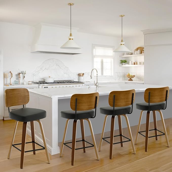 Bekrvio Swivel Counter Height Bar Stools Set of 4, Mid-Century Modern Upholstered Faux Leather Barstools with Wood Back, 26" Seat Height Bar Stools for Kitchen Island, Black Seat and Walnut Frame
