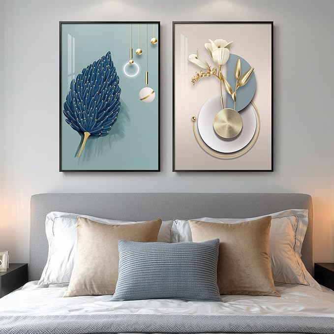 Framed Modern Luxury Wall Art for Bedroom, Set of 2 Blue Modern Elegant Leaf Floral Artwork for Walls, Large Bright Style Art Prints with Black Frame for Living Room Office Kitchen Wall Decor, 20"x30"