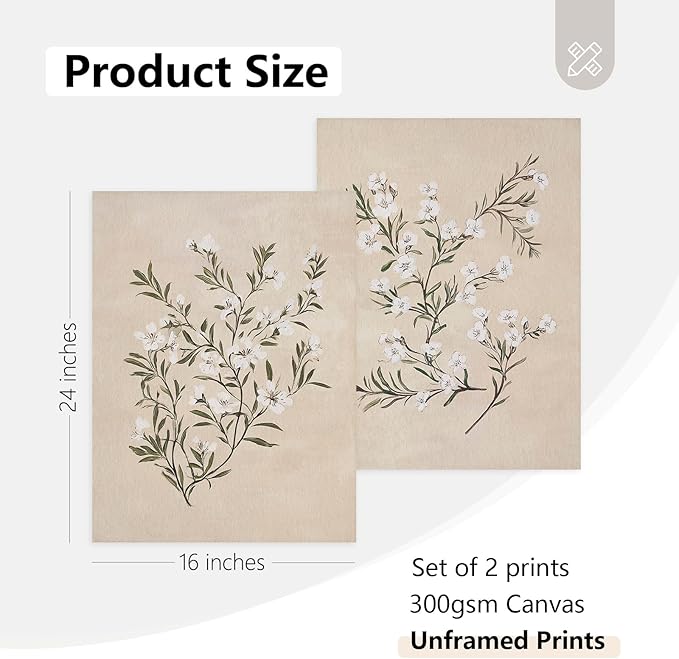 Vintage Botanical Wall Art Neutral Floral Prints Farmhouse Flower Canvas Wall Decor Watercolor Wildflower Pictures Nature Minimalist Artwork for Living Room Bedroom 16x24 Inch Unframed Set of 2