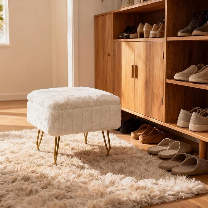 ACEQLYT® Small Foot Stool, Small Ottoman with Storage, White Furry Footstool with Soft Padded Seat & Gold Metal Leg