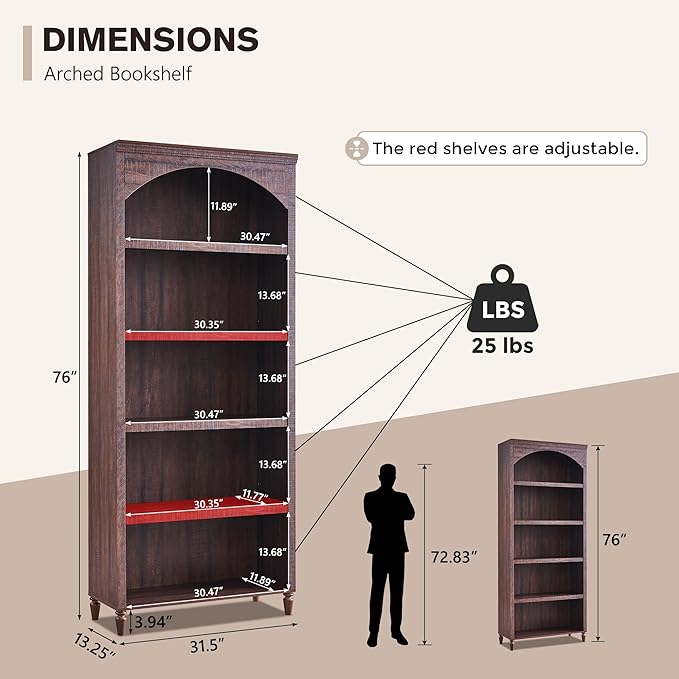IFGET 76" Tall Arched Bookcase, Farmhouse 5 Tiers Large Arched Bookshelf Cabinet with Adjustable Shelves, Modern Wooden Book Shelf w/Storage and Open Display Shelves for Living Room, Office-Brown