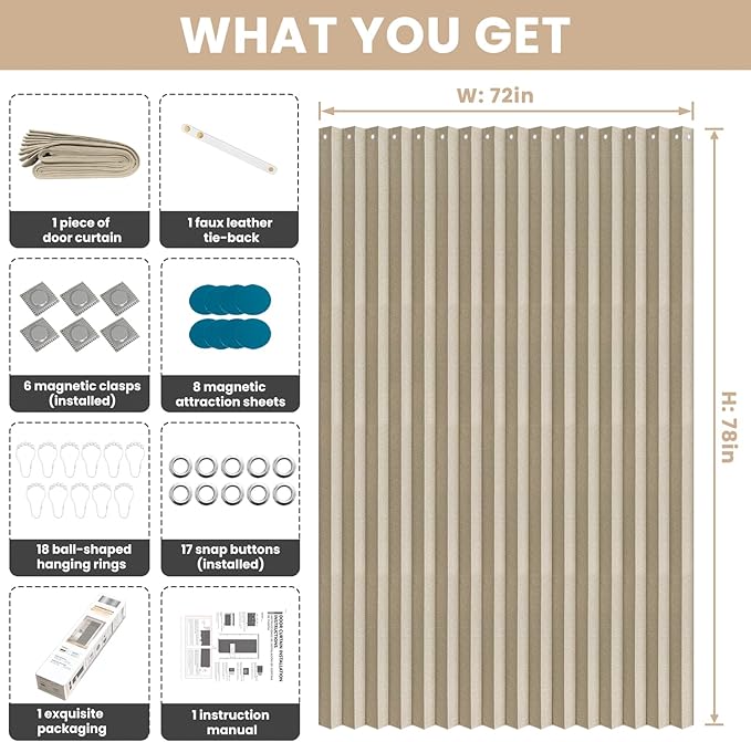 Jilron Accordian Door Curtain, 100% Blackout Folding Magnetic Doorway Curtains,Linen Style Closet Doors,for Room Divider,Privacy Protection（W72 x L78,Beige,1 Panel）