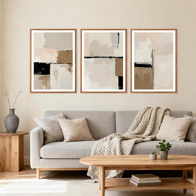 HPINUB Modern Abstract Framed Canvas Wall Art Set,(Set of 3,12X16 Inch) Geometric Line Black White and Beige Textured Wall decor Neutral Gray Minimalist Art Print for Living Room,Dining Room,Office