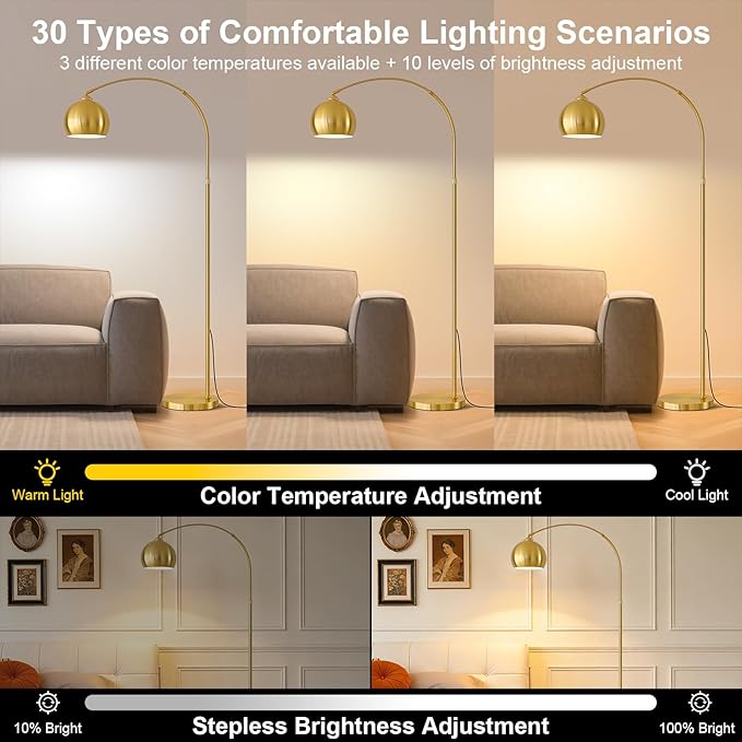 Brushed Gold Arc Floor Lamp 71" Tall, Dimmable 12W LED Smart Standing Lamp with Remote, 360° Rotatable Adjustable Height & Span, Elegant Floor Lamp for Living Room, Bedroom, Office, Library