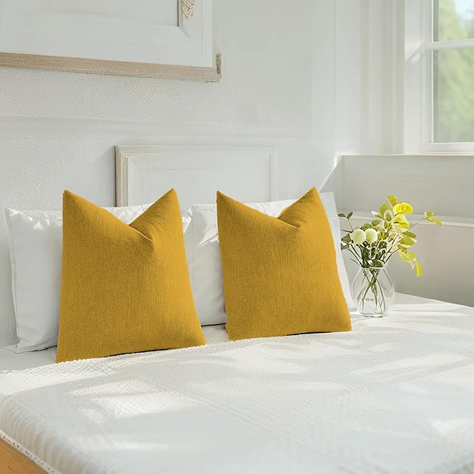 HAUSSY Mustard Yellow Throw Pillow Covers 22x22 Inch Set of 2,Boho Decorative Faux Linen Throw Pillows Cozy Farmhouse Accent Cushion Covers,Home Decor for Couch Sofa Bed Living Room