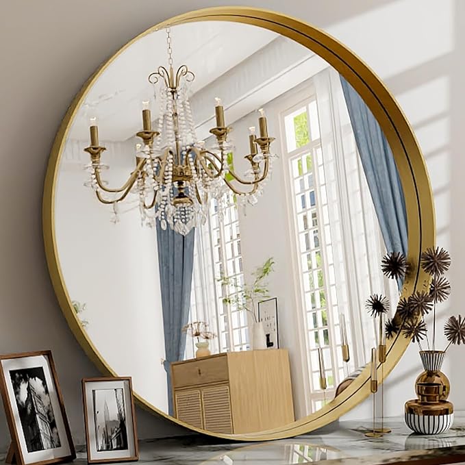 30 Inch Round Bathroom Mirror - Wall Mounted Circle Mirror with Metal Frame, Modern Mirror Suitable for Bathroom, Vanity, Entryway, Living Room, Wall Decor,Gold