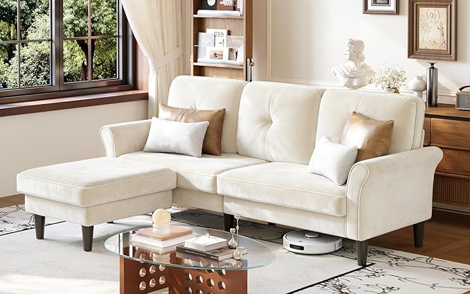 Welzona Sofas for Living Room, 83" Velvet Sectional Couch with Moveable Ottoman, Midcentury Modern Small Sectional Couch, L Shape Sofa & 2 Seater, Couches for Living Room, Apartment, Bedroom