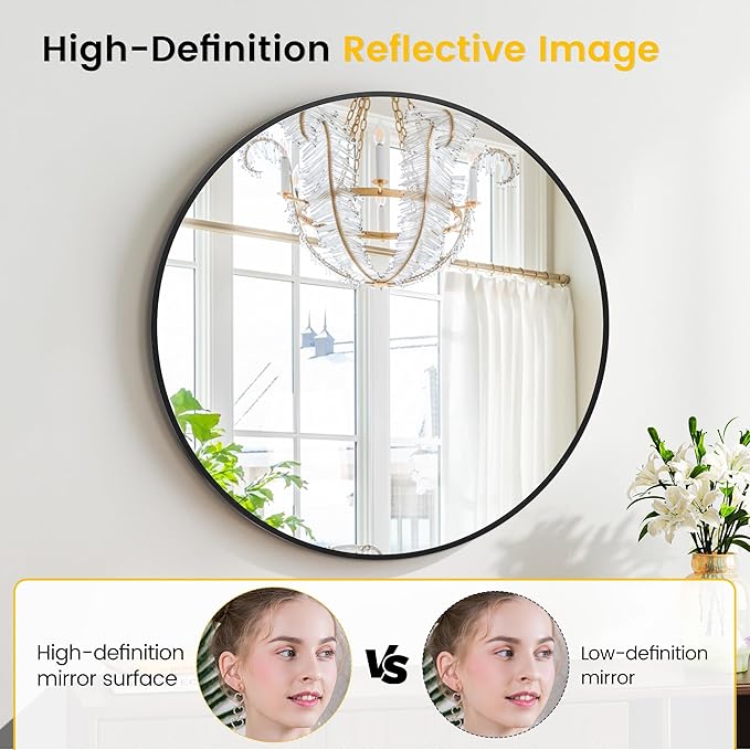 30 Inch Black Round Wall Mirror, Modern Metal Frame for Bathroom, Living Room, Bedroom Decor