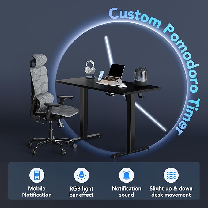 HUANUO 55" AI Smart Standing Desk with App-Synced Sedentary Reminders, Electric Height Adjustable Desk with Body-Data Ergonomic Presets, Voice Control Alexa/Google/Siri, 3 Memory Settings Table, Black
