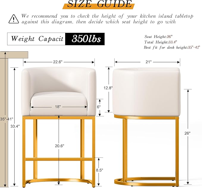 26" Modern Counter Height Bar Stools,PU Leather Upholstered Barrel Barstools with Backs,Island Chairs Bar Stools Set of 1,Beige White Leather