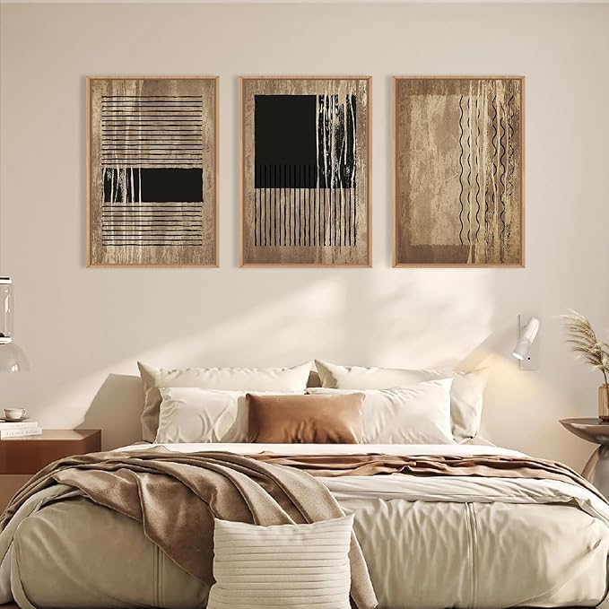 CHDITB Abstract Line Wall Decor, Vintage Black Brown Framed Canvas Wall Art, Mid Century Modern Art Print Home Decor, Boho Neutral Minimalist Painting For Living Room Bedroom Dining Room Office 16"x24
