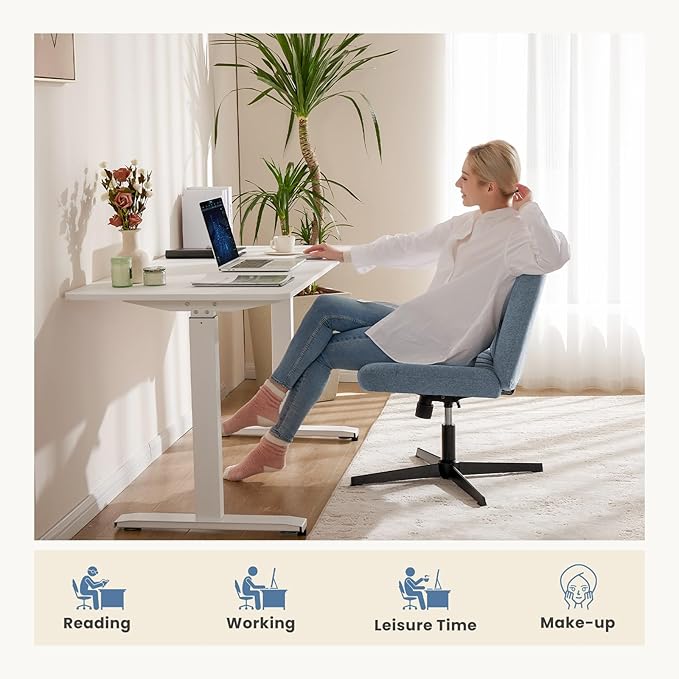 DUMOS Criss Cross Legged Chair Wide Comfy Home Office Desk Chairs, No Wheels Armless Computer Task Swivel Vanity Chair Height Adjustable for Makeup Bedroom, Fabric-Dark Blue