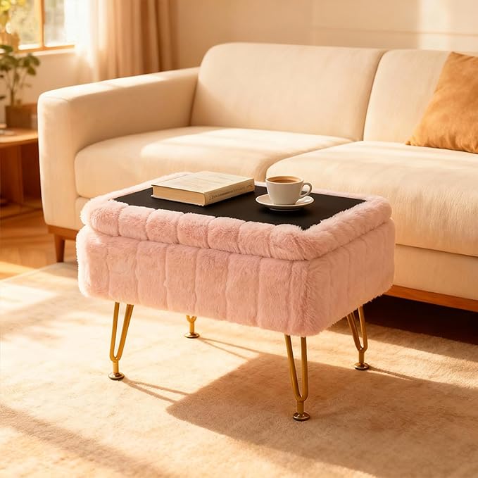 ACEQLYT® Small Foot Stool, Small Ottoman with Storage, Pink Furry Footstool with Soft Padded Seat & Gold Metal Leg
