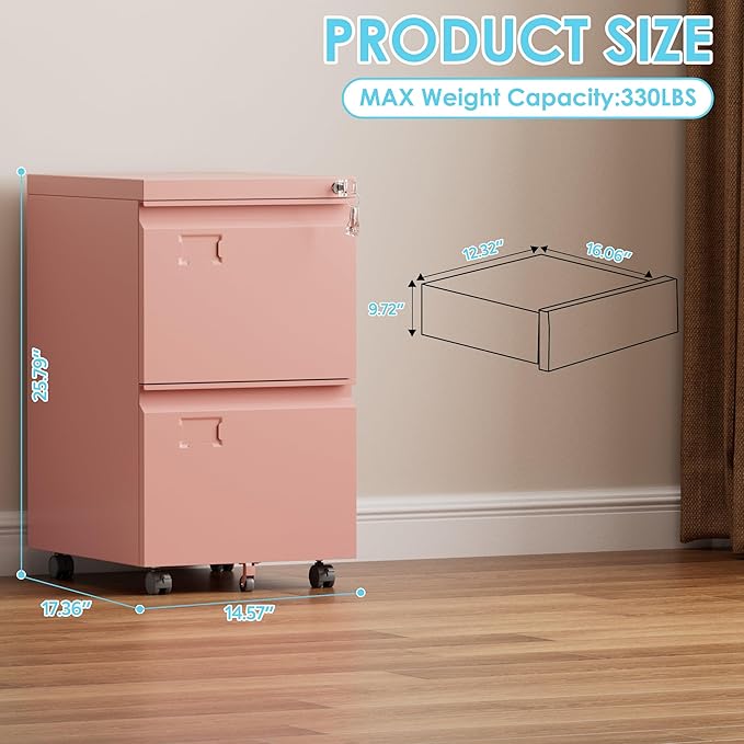 Aobabo 2 Drawer Metal File Cabinet with Lock, Heavy Duty Rolling Filing Cabinet on 5 Wheels, Upgraded Smooth Slides & High Weight Capacity for Home Office Under Desk,Assembly Required