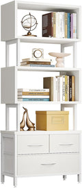 Casaottima 7 Tier Bookshelf, Tall Geometric Bookcase with Fabric Drawers, Modern Display Book Shelves Book Case for Living Room Bedroom, Wood Decorative Standing Shelving Unit for Home Office, White