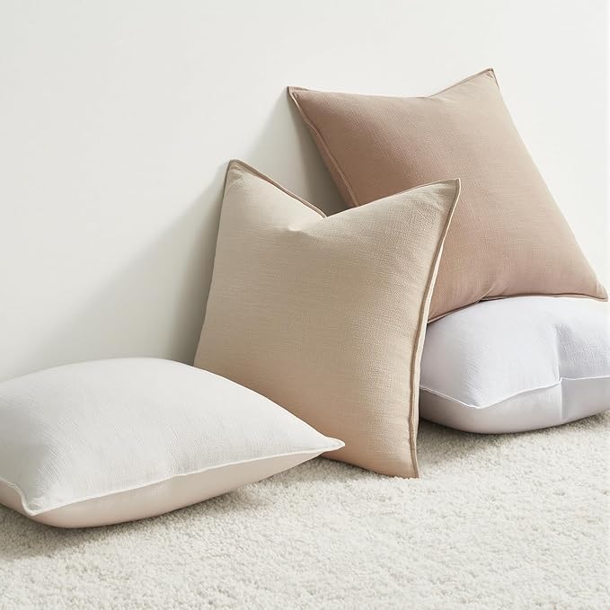 Pack of 4 Neutral Linen Pillow Covers 18x18 Cordinated Color Set for Easy Matching Boho Decorative Throw Cushion Covers with Flange for Sofa Living Room Bed and Balcony Home Decor