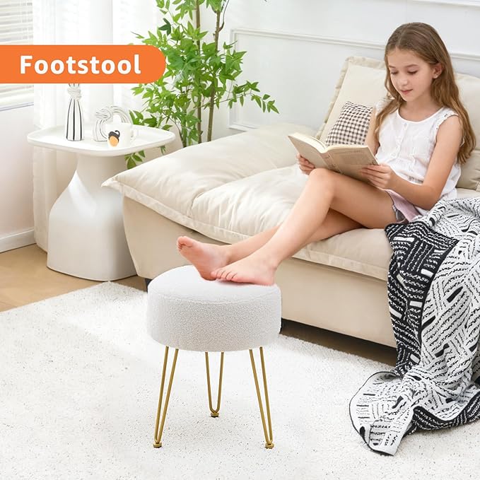 Vanity Stool, Teddy Velvet Ottoman Foot Stool, Dressing Table Seat with Metal Leg Vanity Chair for Bedroom, Living Room, Entryway, Offices