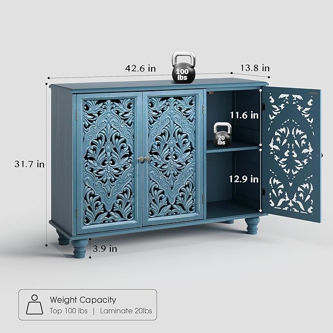 JOINICE Accent Cabinet with 3 Carved Doors, Distressed Blue Sideboard Buffet with Storage & Solid Wood Legs, 43" Vintage Console Table for Living Room, Entryway, Coffee Bar, Hallway