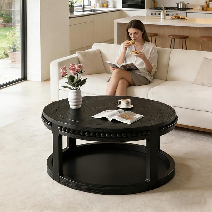 31.5" Round Wood Coffee Table, 2 Tier Modern Center Table,Solid Wood+MDF, Easy Assembly, Accent Table for Living Room, Apartment, Small Space. (Black)