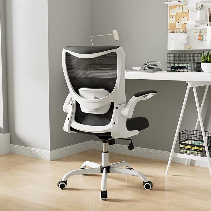 MUXX.STIL Office Chair, Ergonomic Desk Chair with Adjustable Lumbar Support and Flip up Armrest, Breathable Mesh Computer Chair for Home Office, White