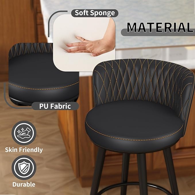 HONIFUR Bar Stools Set of 2, 27 Inch Barstools with Sturdy Legs, Leather Farmhouse Counter Height Bar Stool for Kitchen, Dining, Bar (Swivel, Black, Leather)