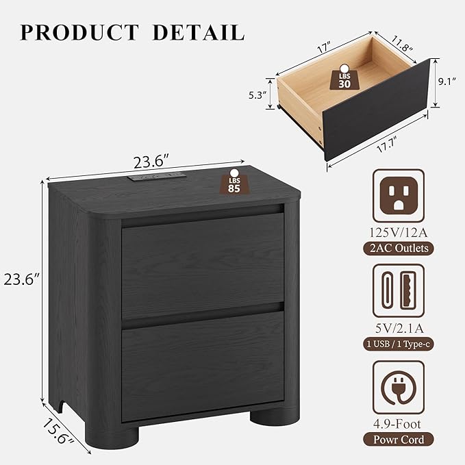 Black Nightstands Set of 2 with Charging Station, 23.6" Modern Night Stand with Unique Thickened Foot and 2 Storage Drawers, Bedside Table with Rounded Corner Design for Bedroom