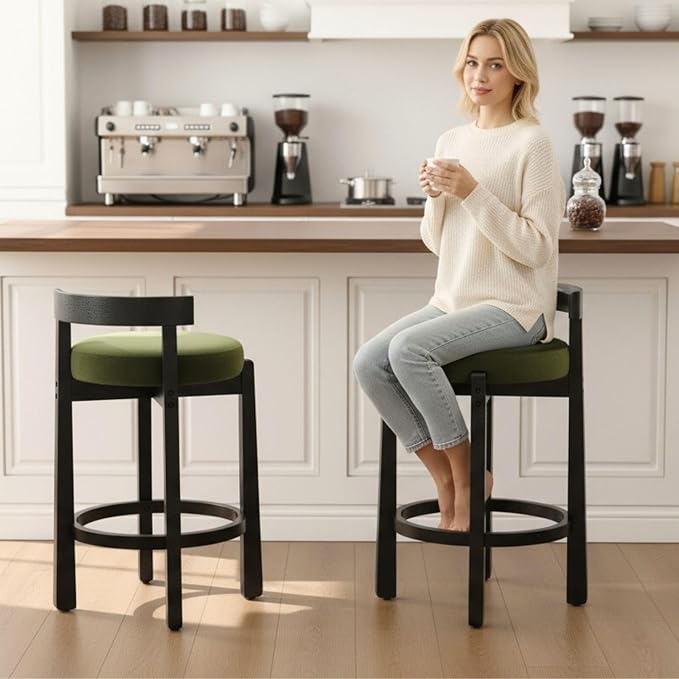 LukeAlon Mid Century Velvet Counter Stools Set of 2, Upholstered 26.5” Seat Height Low Barstools with Black Wood Legs Retro Round Kitchen Stools with Footrest for Dining Room Bar Coffee Shop, Green