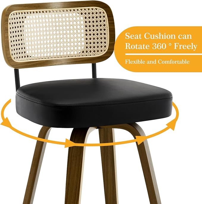 Bekrvio Swivel Counter Height Bar Stools Set of 4, Upholstered Faux Leather Barstools with Rattan Back, 26" Seat Height Bar Chairs for Kitchen Island, Bentwood Wood Frame, Black