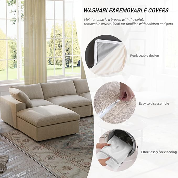 160.6" Cloud Couch Modular Sectional Sofa for Livingroom,Oversized Convertible Sofa with Storage Ottomans,6 Seat Wide Couches,Cushion Covers Removable (Khaki, 6 Seater)