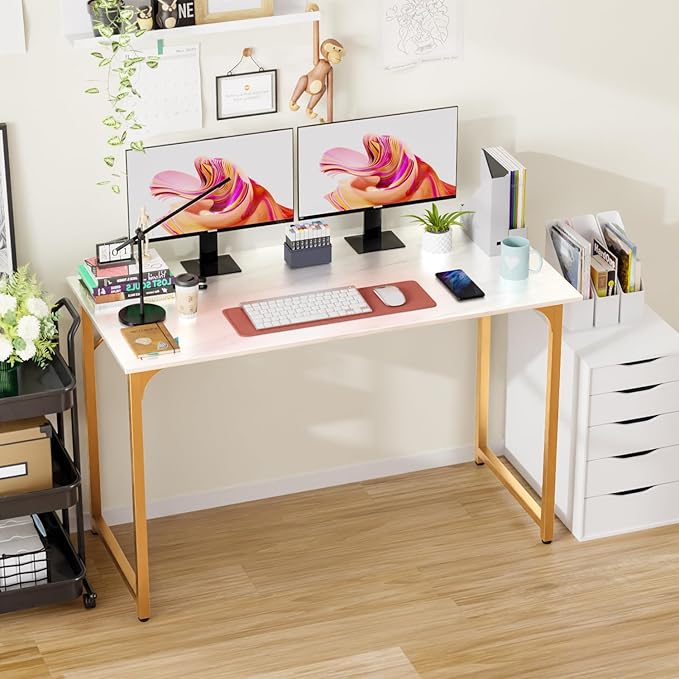 PayLessHere | 47 Inch Computer Desk | White Gold | Office Desk with Metal Frame, Adjustable Feet | Water-Resistant, Scratchproof Surface | Sturdy Writing Table for Home Office or Study | Pack of 1