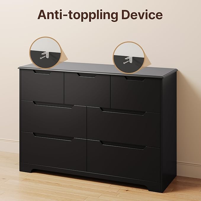 Gizoon 7 Drawer Dresser, 48" Wide Wood Chest of Drawers for Bedroom, Black Modern Storage Organizer, Handle Free Design, Living Room, Kids Room, Entryway, Hallway, Black