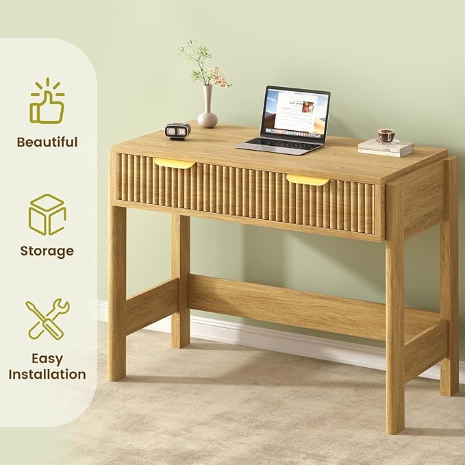 YOMILUVE 34 Inch Small Computer Desk with Drawer, Fluted Computer Desk with Storage, Wooden Desks Compact Writing Study Table for Small Spaces, Oak
