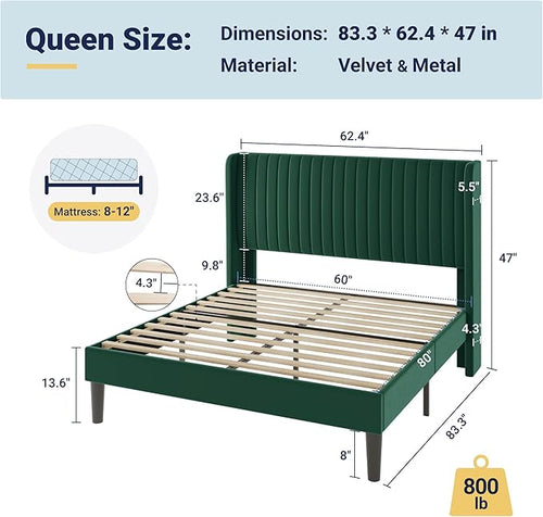 Allewie Queen Size Bed Frame/Velvet Upholstered Platform Bed/Vertical Channel Tufted Wingback Headboard/Strong Wooden Slats/No Box Spring Needed/Easy Assembly/Green