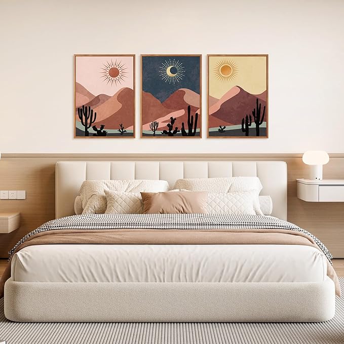 HPNIUB Boho Desert Framed Canvas Wall Art Set, Abstract Sun Moon Art Prints, Modern Cactus Paintings Artwork, Mid Century Southwestern Landscape Wall Decor for Living Room, Office(Set of 3,12X16 Inch)