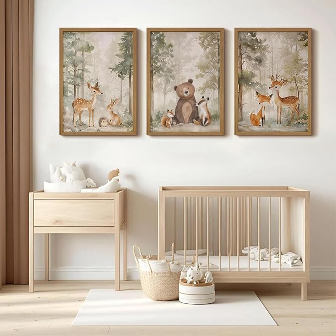 Woodland Nursery Wall Art Decor Animal Forest Canvas Prints Baby Boy Room Wall Decor Bear Nursery Nature Pictures Deer Prints Artwork for Boy Girl Kids Bedroom 12x16 Inch Wood Framed Set of 3