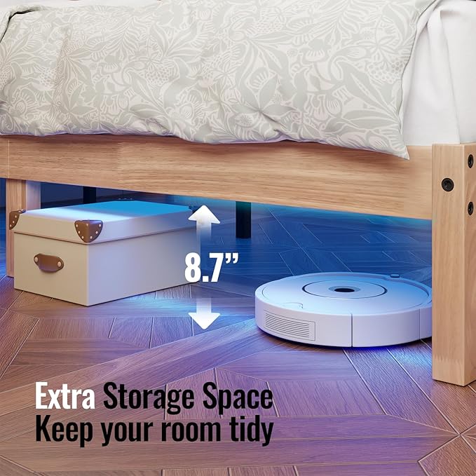 Queen Size Solid Wood Platform Bed with Led Light - Noise-Free Design with Metal and Wood Slat Support, No Box Spring Needed, Easy Assembly, Natural Wood Finish
