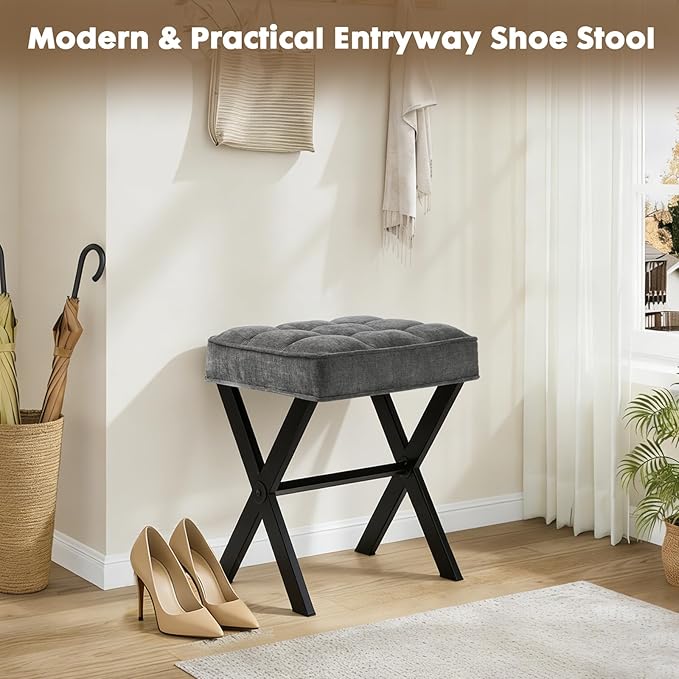 Modern Square Foot Stool Ottoman, Upholstered Vanity Chair with Metal X-Legs & Soft Linen Fabric - Versatile Seat and Footrest for Makeup, Living Room, Bedroom & Entryway(X-Gray)