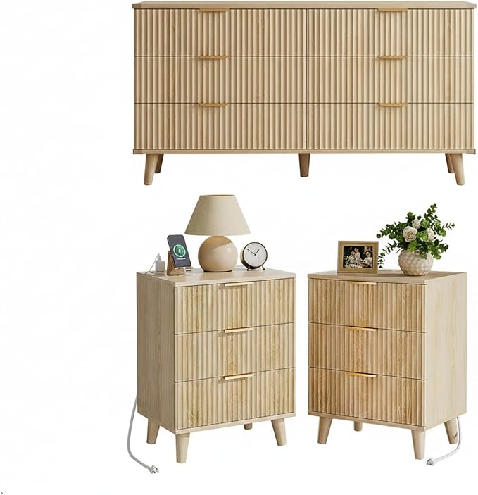 Lulive Modern Dresser and Nightstand Sets 3-Piece, 6-Drawer Dresser + 2 Nightstands Bedroom Sets with Solid Wood Legs (Natural Oak)