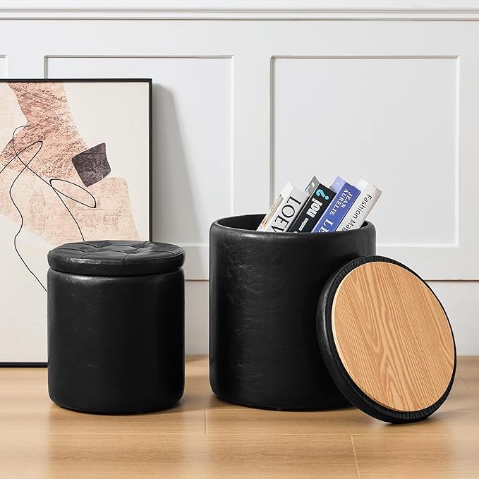 oakvivo Round Ottoman with Storage Set of 2, 12.6" W x 14.17" H & 14.76" W x 17.32" H Faux Footstool Storage Ottomans for Bedroom, Living Room Padded Coffee Table Ottomen, Black