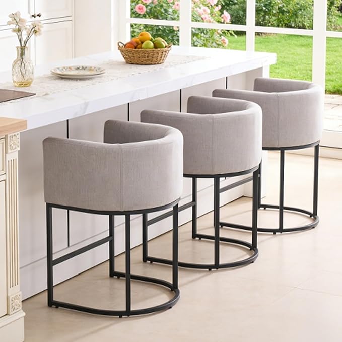 ClinQ 26" H Counter Height Bar Stools Set of 4, Modern Barrel Counter Stools with Backrest and Arms, Black Metal Frames, Linen Fabric Upholstered Accent Barstools for Kitchen Island, Light Grey