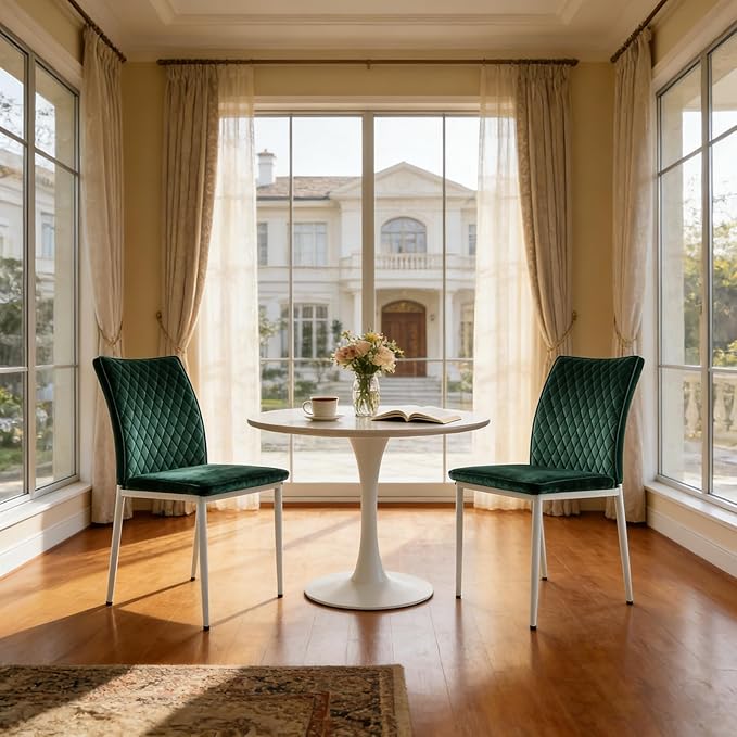 Dining Chairs Set of 2, Velvet Comfortable Seats, Mid-Century Modern Living Room Chairs, Upholstered Kitchen Chairs with Mental Legs and Padded Seat, Easy Assembly, Dark Green