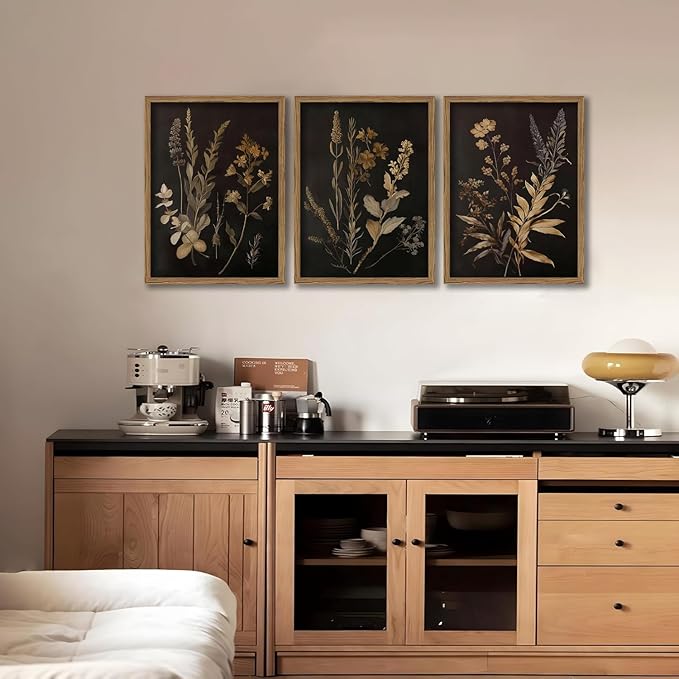 Yudinbin Vintage Dark Botanical Canvas Wall Art Set of 3 Moody Floral Prints with Wood Frame Dark Plant Academia Aesthetic Gallery Painting Wall Decor for Living Room Bedroom or Office 16x24 Inch